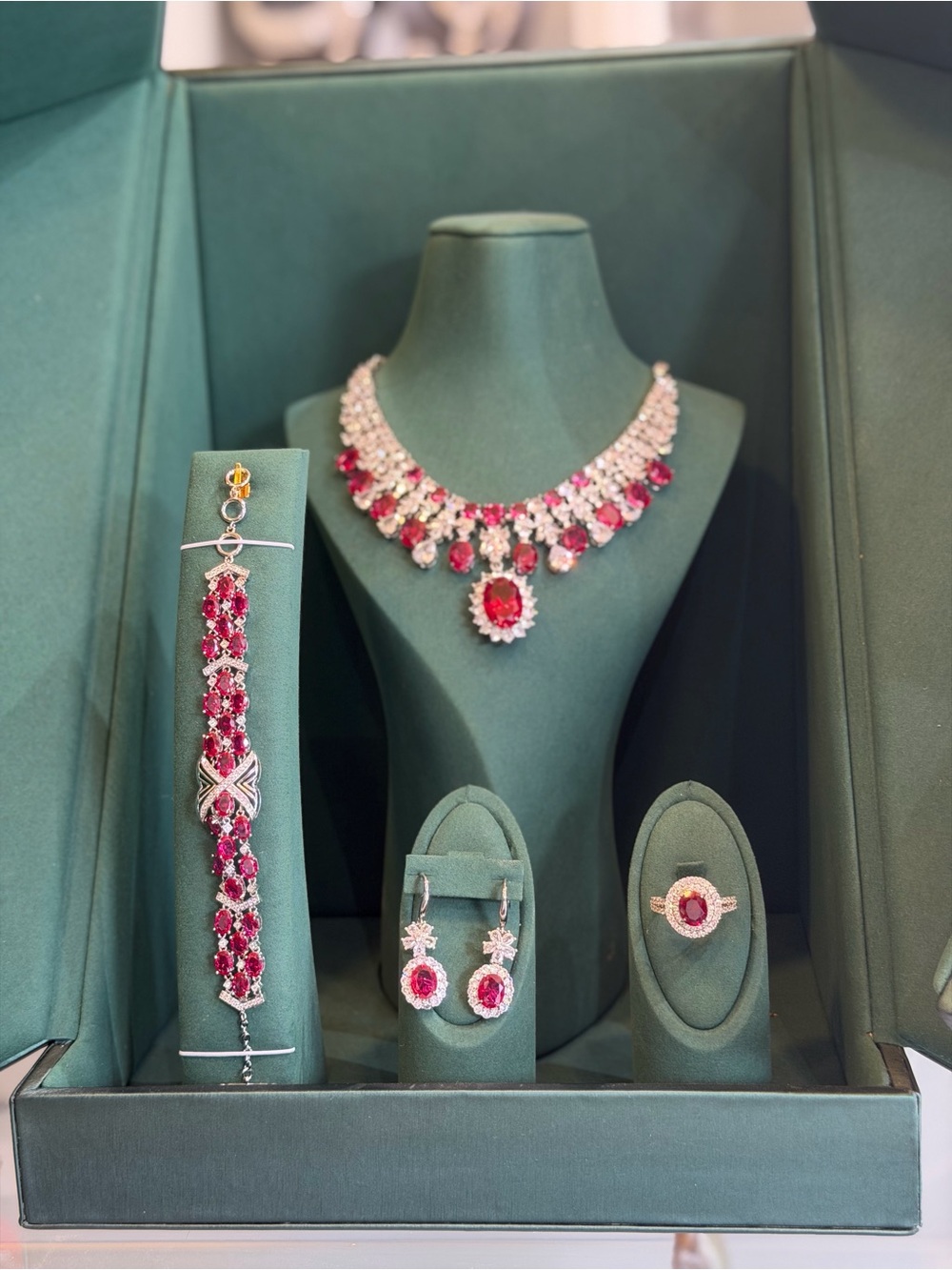Luxurious Glass Filled Ruby Gemstone Necklace , Earring Set , Bracelet and Ring